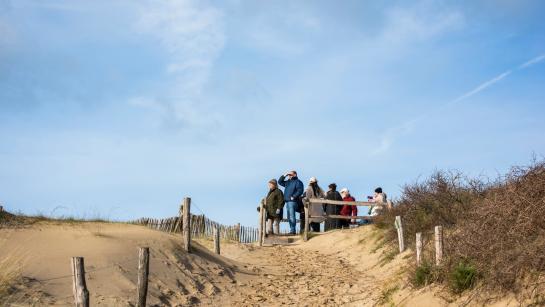 Groep mensen op een uitkijkplatform in de duinen