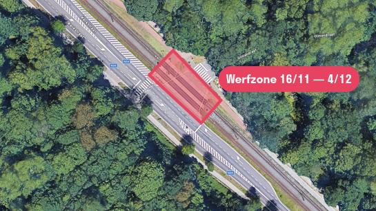 Werfzone werken tramsporen ter hoogte van de Olmendreef